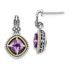 QTC362 Shey Couture Sterling Silver with 14K Accent Antiqued Cushion Amethyst Post Dangle Earrings