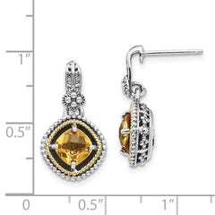 QTC365 Shey Couture Sterling Silver with 14K Accent Antiqued Cushion Citrine Dangle Post Earrings