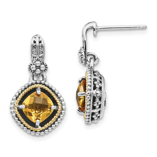 QTC365 Shey Couture Sterling Silver with 14K Accent Antiqued Cushion Citrine Dangle Post Earrings