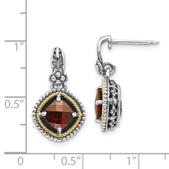 QTC366 Shey Couture Sterling Silver with 14K Accent Antiqued Checkerboard Cushion Garnet Post Dangle Earrings