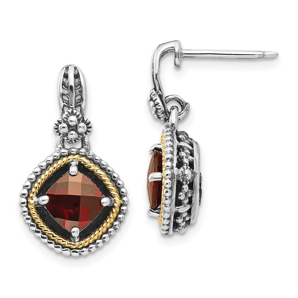QTC366 Shey Couture Sterling Silver with 14K Accent Antiqued Checkerboard Cushion Garnet Post Dangle Earrings