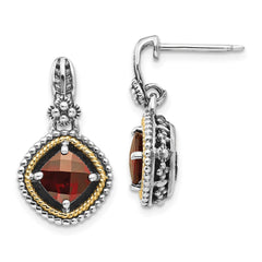 QTC366 Shey Couture Sterling Silver with 14K Accent Antiqued Checkerboard Cushion Garnet Post Dangle Earrings
