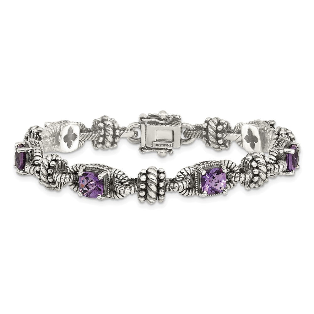 Shey Couture Sterling Silver with 14K Accent 7.5 Inch Antiqued Cushion Amethyst Bracelet QTC388