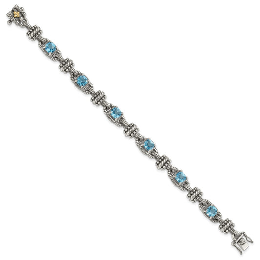 Shey Couture Sterling Silver with 14K Accent 7.5 Inch Antiqued Cushion Swiss Blue Topaz Bracelet QTC389