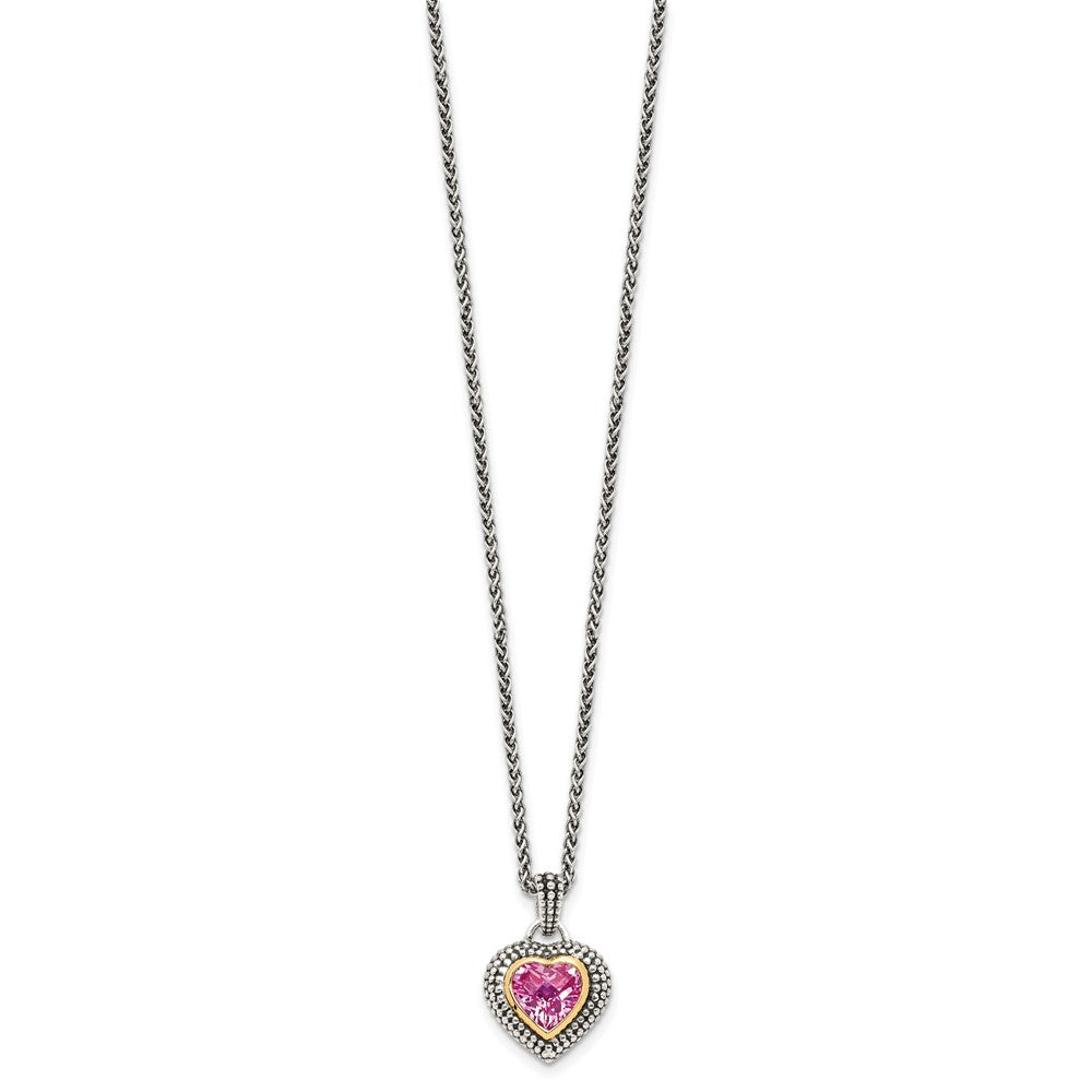 Shey Couture Sterling Silver with 14K Accent 18 Inch Antiqued Heart Bezel Created Pink Sapphire Necklace QTC39