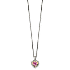 Shey Couture Sterling Silver with 14K Accent 18 Inch Antiqued Heart Bezel Created Pink Sapphire Necklace QTC39