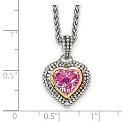 Shey Couture Sterling Silver with 14K Accent 18 Inch Antiqued Heart Bezel Created Pink Sapphire Necklace QTC39