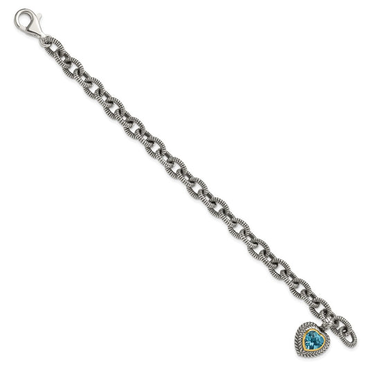 Shey Couture Sterling Silver with 14K Accent 7.5 Inch Antiqued Swiss Blue Topaz Heart Bezel Bracelet QTC395