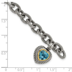 Shey Couture Sterling Silver with 14K Accent 7.5 Inch Antiqued Swiss Blue Topaz Heart Bezel Bracelet QTC395