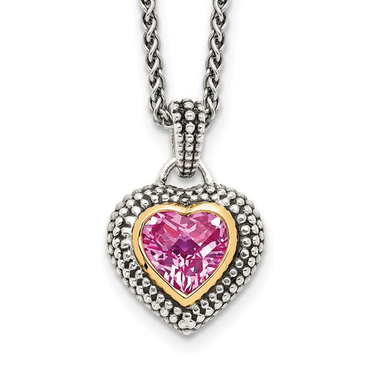 Shey Couture Sterling Silver with 14K Accent 18 Inch Antiqued Heart Bezel Created Pink Sapphire Necklace QTC39