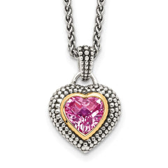 Shey Couture Sterling Silver with 14K Accent 18 Inch Antiqued Heart Bezel Created Pink Sapphire Necklace QTC39