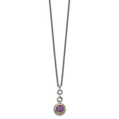 Shey Couture Sterling Silver Gold-tone Flash Gold-plated 18 Inch Antiqued Round Bezel Amethyst Necklace QTC40