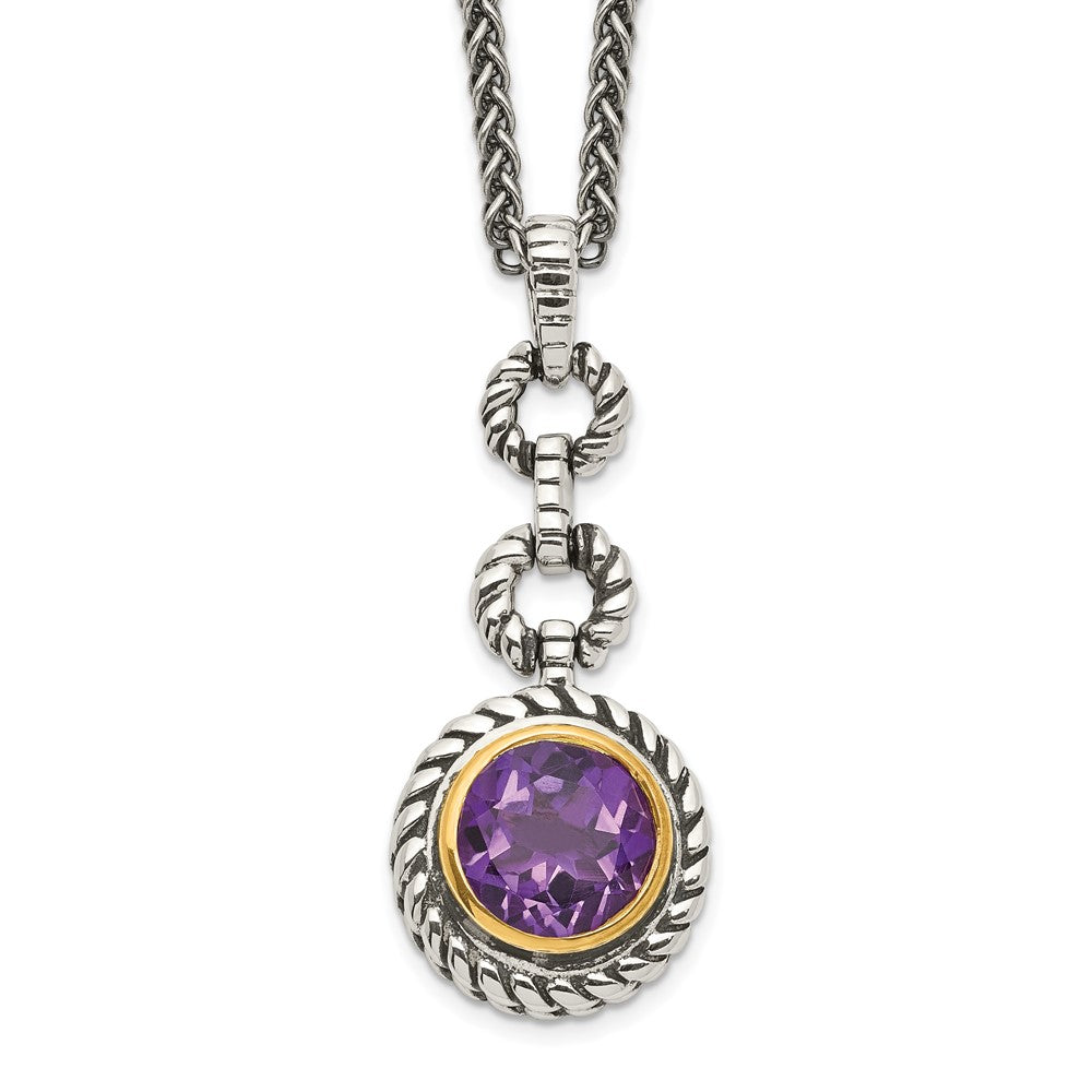Shey Couture Sterling Silver Gold-tone Flash Gold-plated 18 Inch Antiqued Round Bezel Amethyst Necklace QTC40