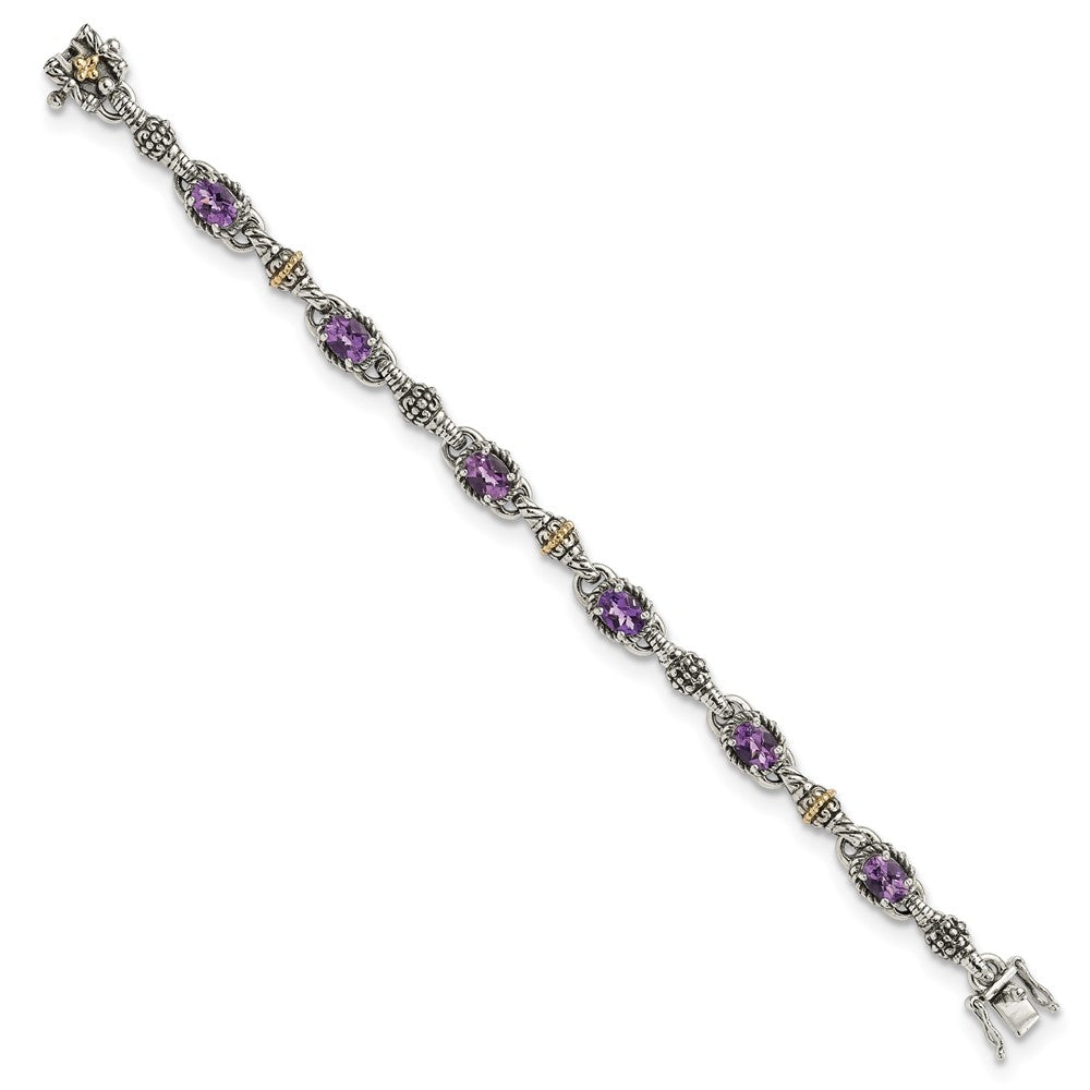 Shey Couture Sterling Silver with 14K Accent 7.25 Inch Antiqued Oval Amethyst Bracelet QTC406