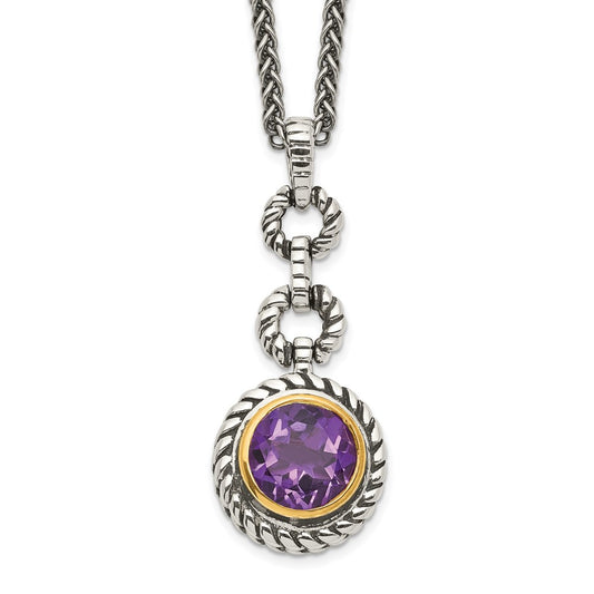 Shey Couture Sterling Silver Gold-tone Flash Gold-plated 18 Inch Antiqued Round Bezel Amethyst Necklace QTC40