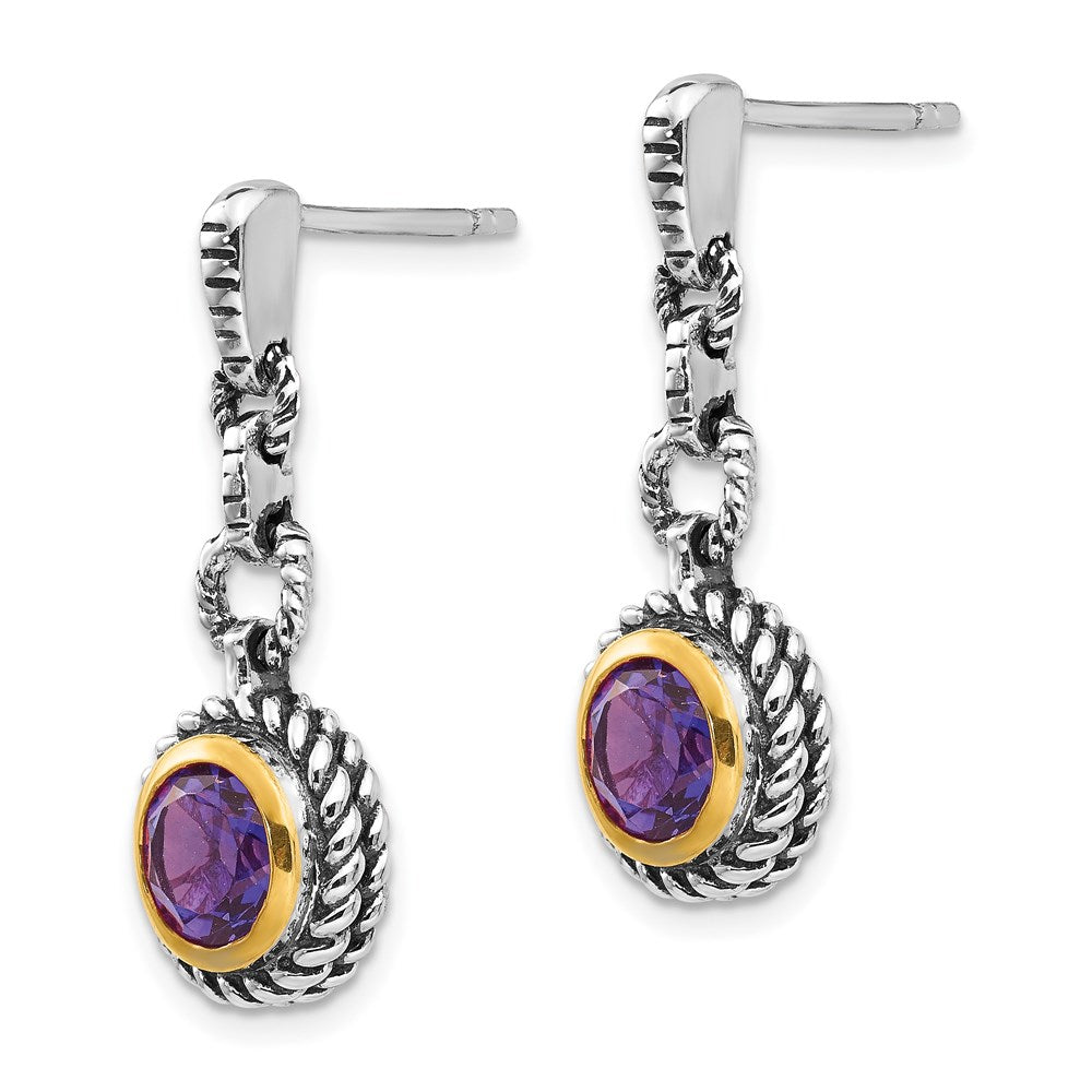 QTC42 Shey Couture Sterling Silver Gold-tone Flash Gold-plated Antiqued Round Bezel Amethyst Post Dangle Earrings