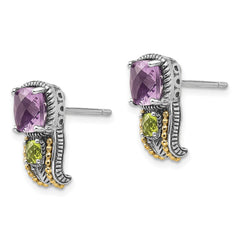 QTC438 Shey Couture Sterling Silver with 14K Accent Antiqued Cushion 1.50 Amethyst and .24 Peridot Post Earrings