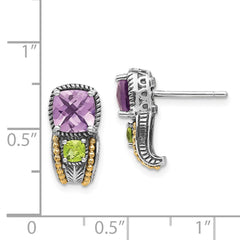 QTC438 Shey Couture Sterling Silver with 14K Accent Antiqued Cushion 1.50 Amethyst and .24 Peridot Post Earrings