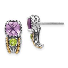 QTC438 Shey Couture Sterling Silver with 14K Accent Antiqued Cushion 1.50 Amethyst and .24 Peridot Post Earrings