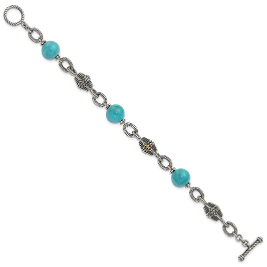 Shey Couture Sterling Silver with 14K Accent 7.25 Inch Antiqued Reconstructed Turquoise Bracelet QTC451