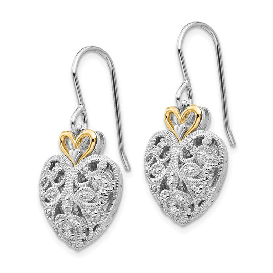QTC509 Shey Couture Sterling Silver Rhodium-plated with 14K Accent Diamond Shepherd Hook Dangle Vintage Heart Earrings