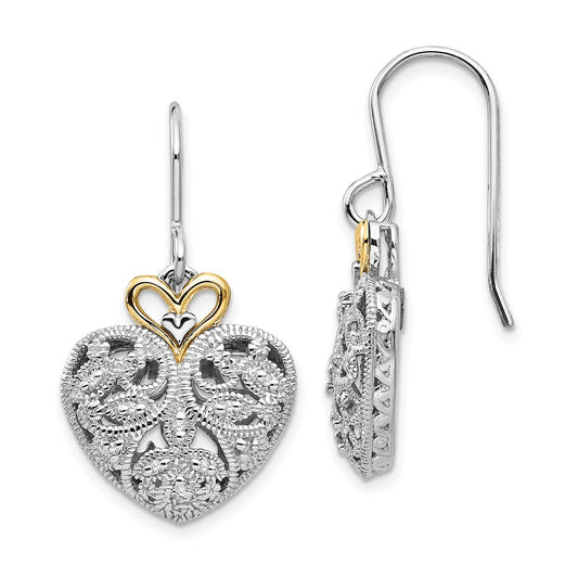 QTC509 Shey Couture Sterling Silver Rhodium-plated with 14K Accent Diamond Shepherd Hook Dangle Vintage Heart Earrings