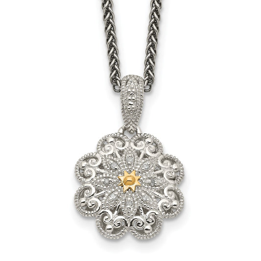 Shey Couture Sterling Silver Antiqued with 14K Accent 18 Inch Diamond Vintage Flower Necklace QTC519