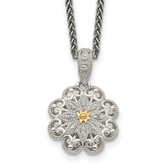 Shey Couture Sterling Silver Antiqued with 14K Accent 18 Inch Diamond Vintage Flower Necklace QTC519