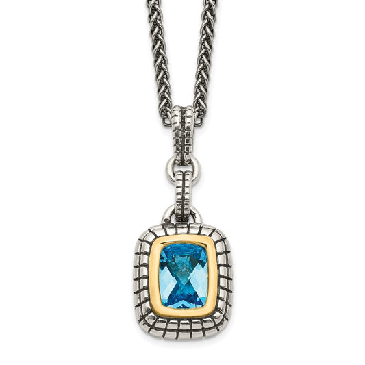 Shey Couture Sterling Silver with 14K Accent 18 Inch Antiqued Cushion Bezel Swiss Blue Topaz Necklace QTC51