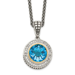 Shey Couture Sterling Silver with 14K Accent 18 Inch Antiqued Round Swiss Blue Topaz and Diamond Necklace QTC52