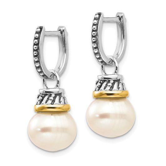 QTC536 Shey Couture Sterling Silver with 14K Accent Antiqued 10mm Freshwater Cultured Pearl Hinged Hoop Dangle Earrings