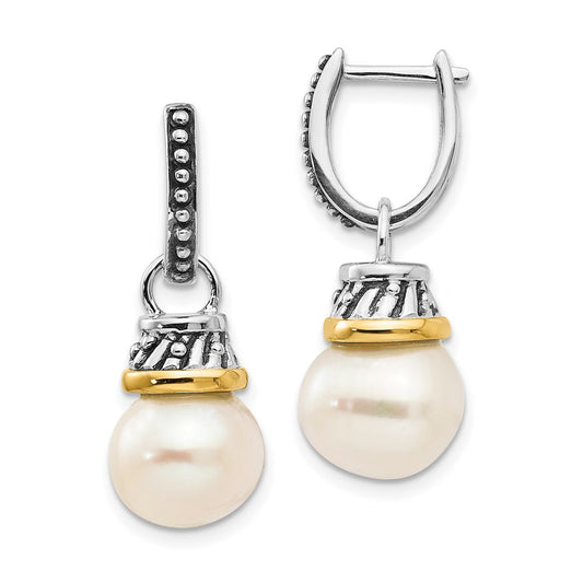 QTC536 Shey Couture Sterling Silver with 14K Accent Antiqued 10mm Freshwater Cultured Pearl Hinged Hoop Dangle Earrings