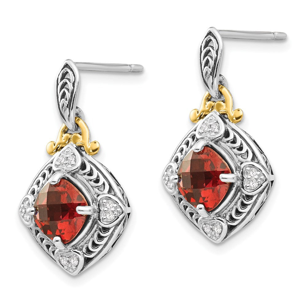 QTC667 Shey Couture Sterling Silver with 14K Accent Antiqued Diamond and Cushion Garnet Post Dangle Earrings