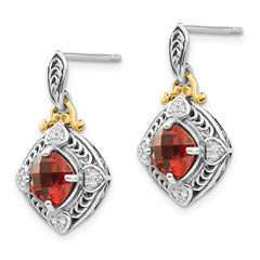 QTC667 Shey Couture Sterling Silver with 14K Accent Antiqued Diamond and Cushion Garnet Post Dangle Earrings