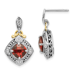 QTC667 Shey Couture Sterling Silver with 14K Accent Antiqued Diamond and Cushion Garnet Post Dangle Earrings