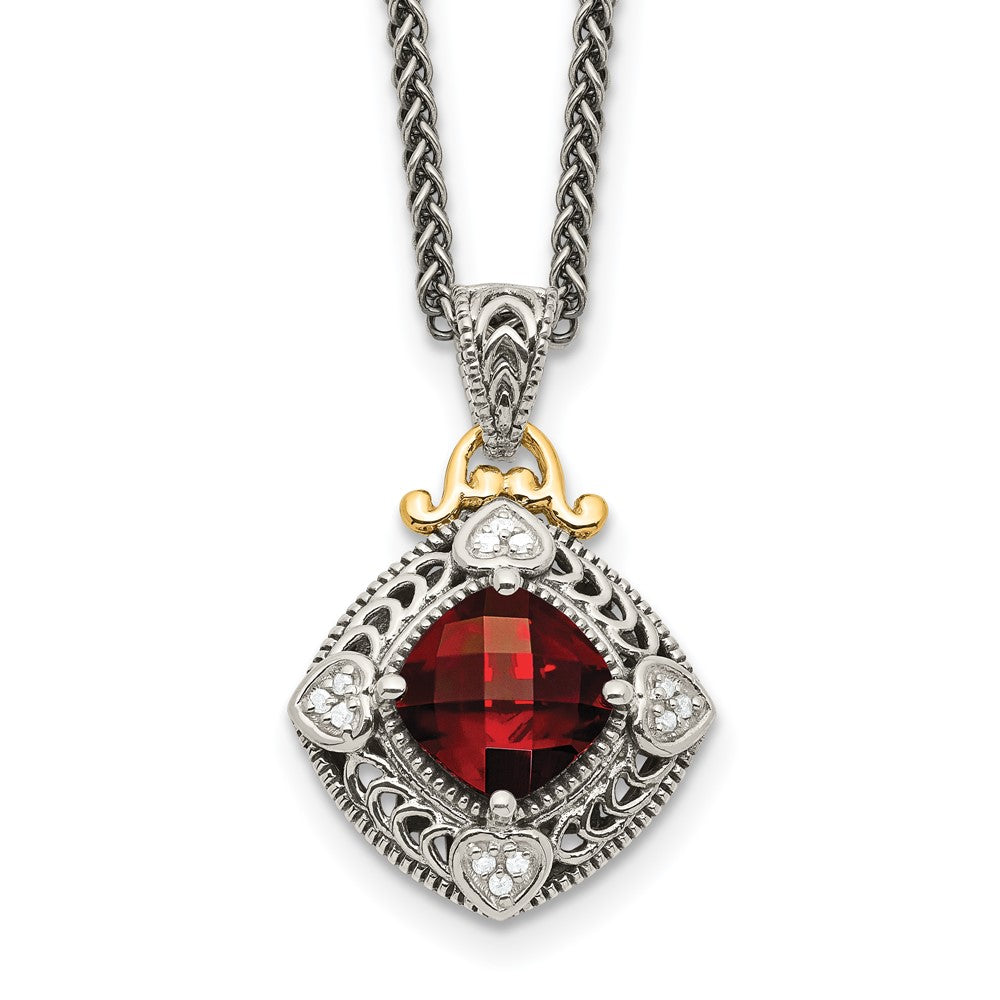 Shey Couture Sterling Silver with 14K Accent 18 Inch Antiqued Diamond and Cushion Checkerboard Garnet Necklace QTC669