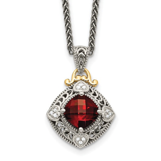 Shey Couture Sterling Silver with 14K Accent 18 Inch Antiqued Diamond and Cushion Checkerboard Garnet Necklace QTC669