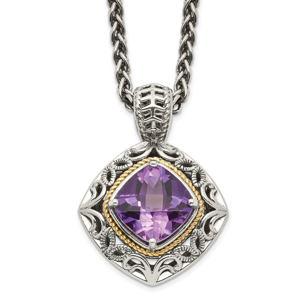 Shey Couture Sterling Silver with 14K Accent 18 Inch Antiqued Cushion Amethyst Necklace QTC686