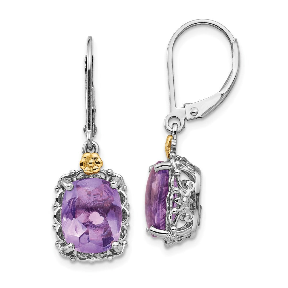QTC689 Shey Couture Sterling Silver Antiqued with 14K Accent Cushion Amethyst Leverback Dangle Earrings