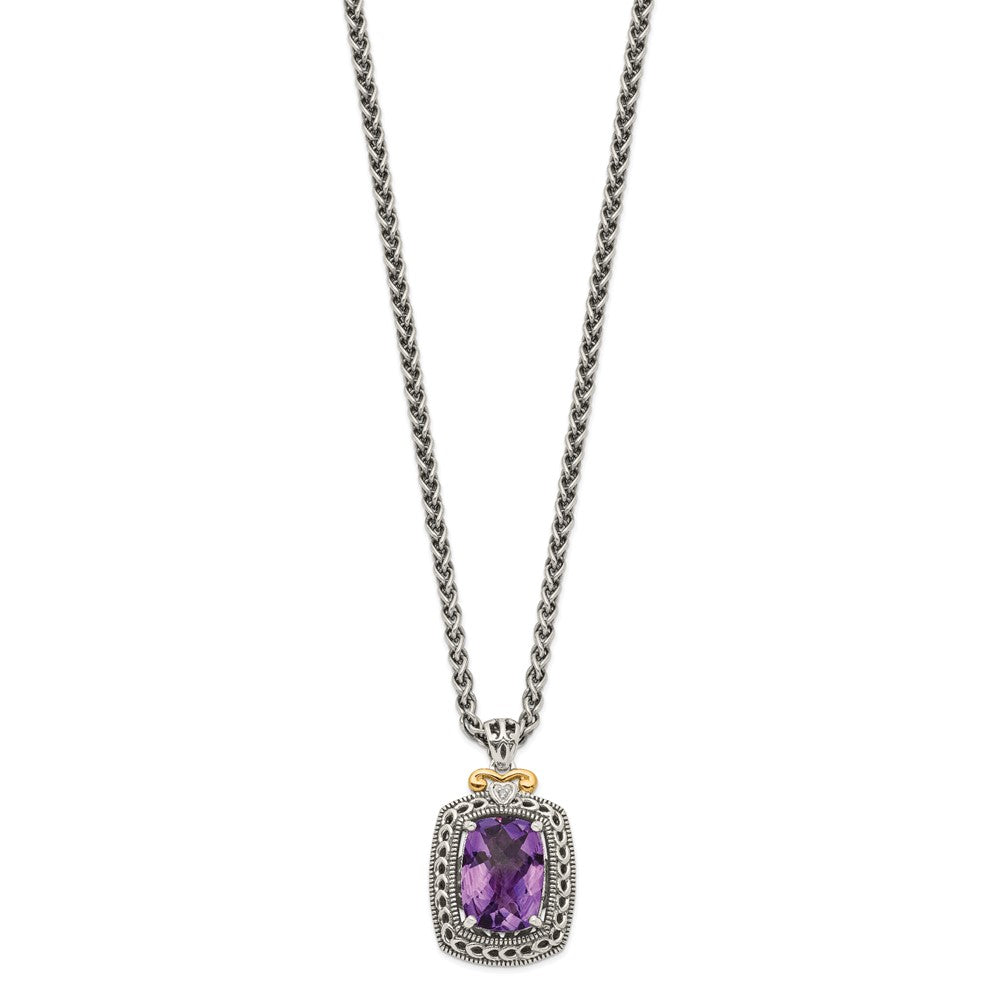 Shey Couture Sterling Silver with 14K Accent 18 Inch Antiqued Checkerboard-cut Cushion Amethyst and Diamond Necklace QTC693