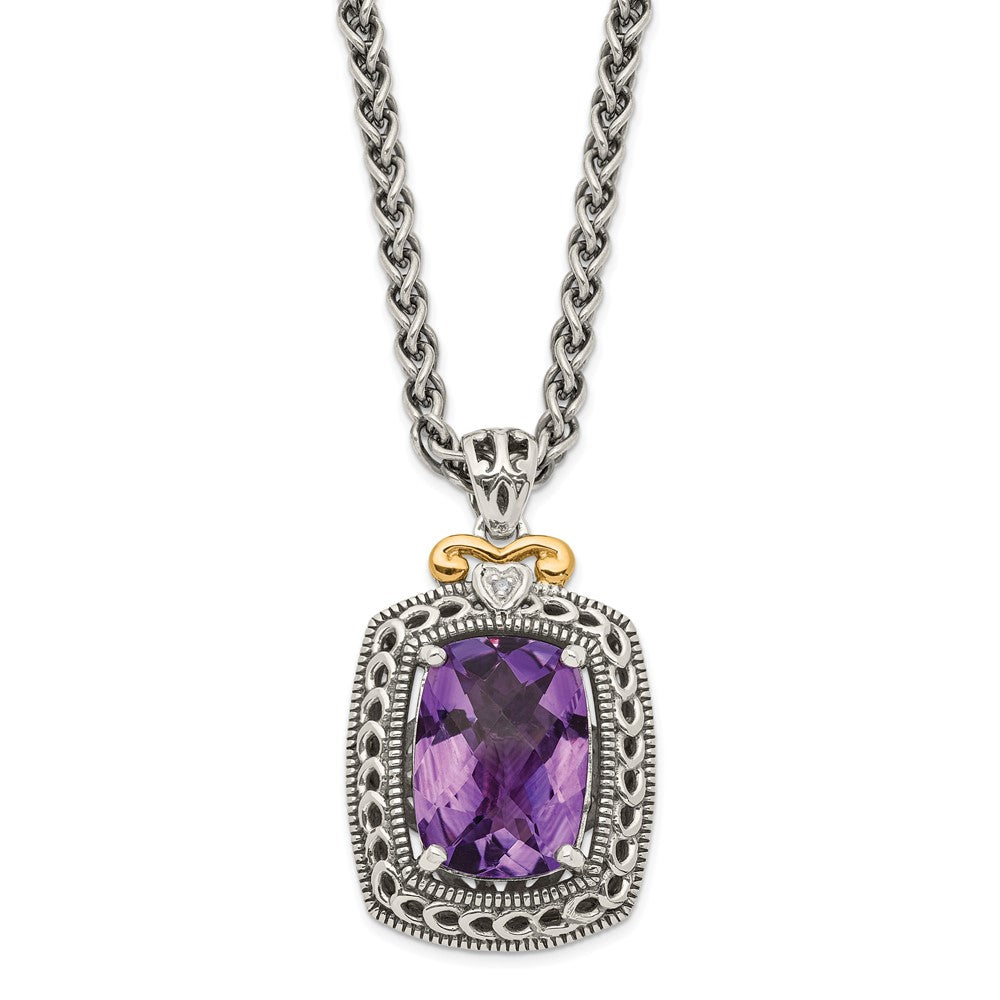 Shey Couture Sterling Silver with 14K Accent 18 Inch Antiqued Checkerboard-cut Cushion Amethyst and Diamond Necklace QTC693