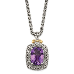 Shey Couture Sterling Silver with 14K Accent 18 Inch Antiqued Checkerboard-cut Cushion Amethyst and Diamond Necklace QTC693
