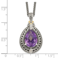 Shey Couture Sterling Silver with 14K Accent 18 Inch Antiqued Diamond and Pear Shaped Amethyst Necklace QTC697
