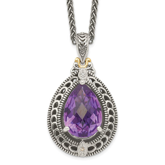Shey Couture Sterling Silver with 14K Accent 18 Inch Antiqued Diamond and Pear Shaped Amethyst Necklace QTC697