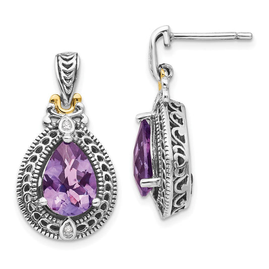 QTC698 Shey Couture Sterling Silver with 14K Accent Antiqued Diamond and Pear Shaped Amethyst Earrings