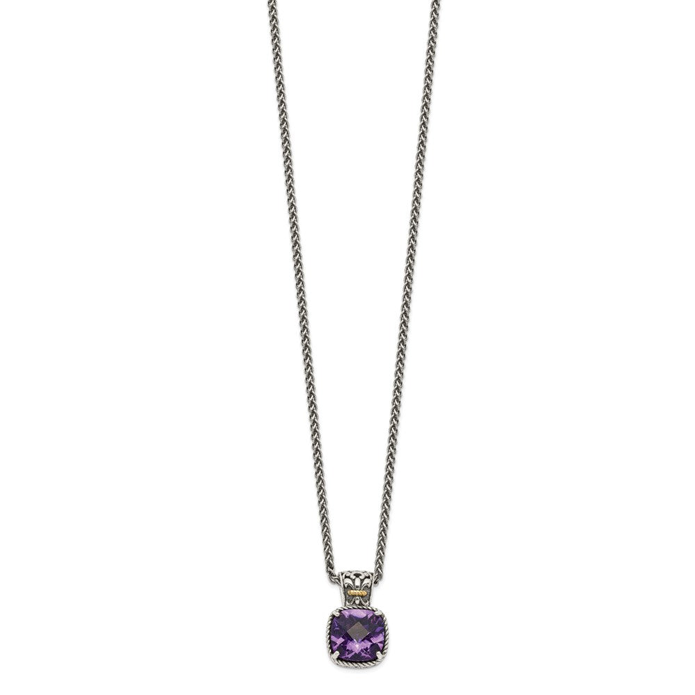 Shey Couture Sterling Silver with 14K Accent 18 Inch Antiqued Cushion Checkerboard Amethyst Necklace QTC731