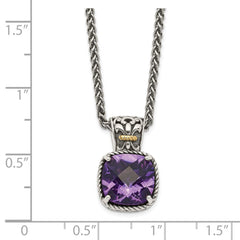 Shey Couture Sterling Silver with 14K Accent 18 Inch Antiqued Cushion Checkerboard Amethyst Necklace QTC731