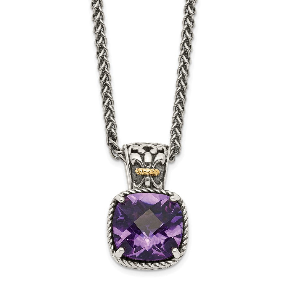 Shey Couture Sterling Silver with 14K Accent 18 Inch Antiqued Cushion Checkerboard Amethyst Necklace QTC731