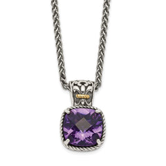 Shey Couture Sterling Silver with 14K Accent 18 Inch Antiqued Cushion Checkerboard Amethyst Necklace QTC731