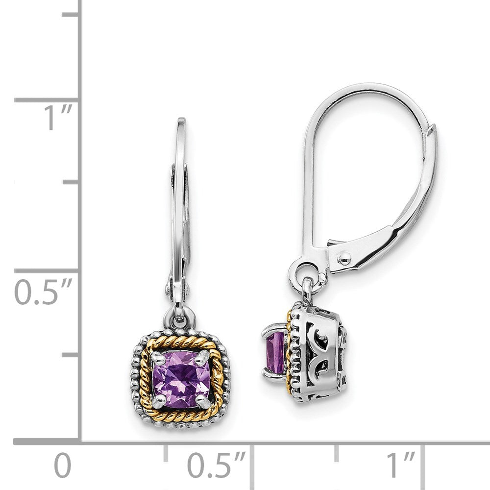QTC735 Shey Couture Sterling Silver with 14K Accent Antiqued Cushion Amethyst Leverback Dangle Earrings